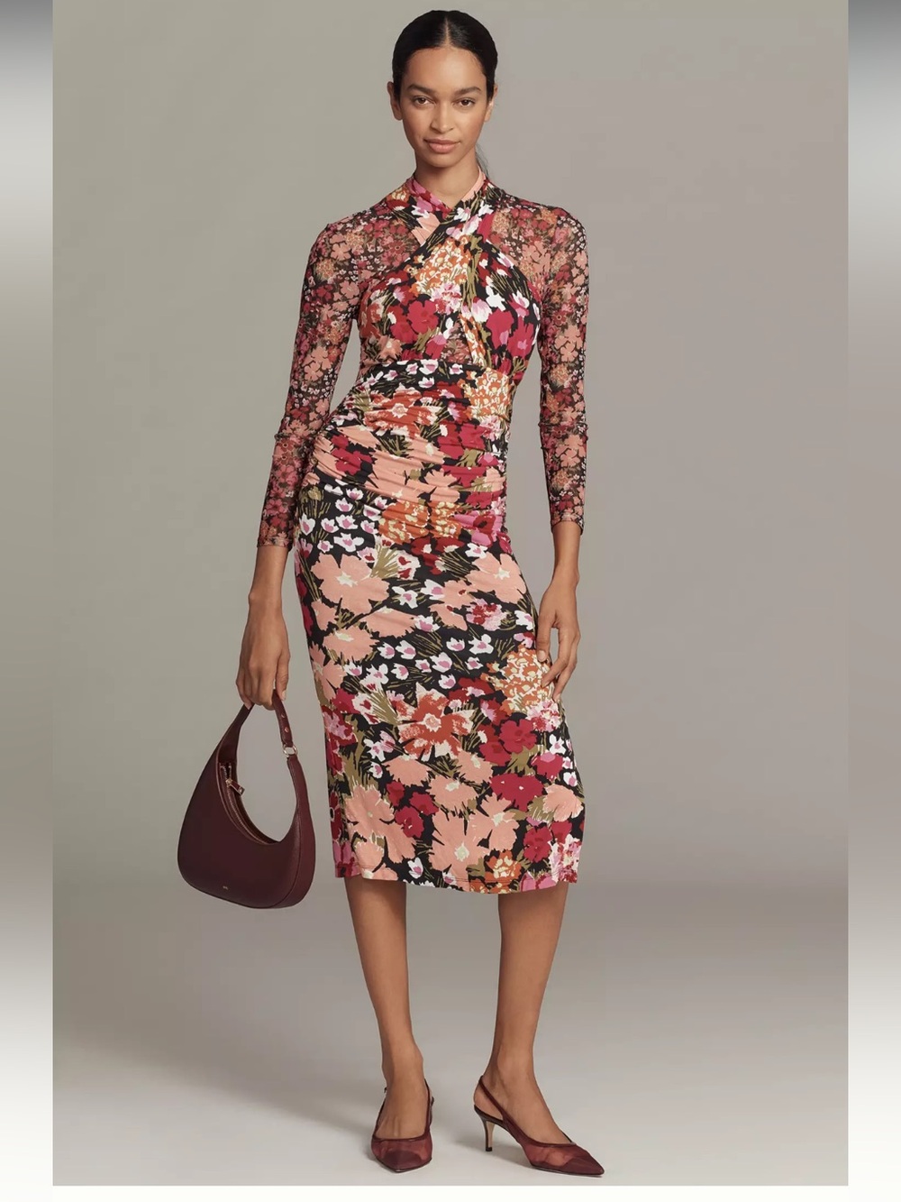 NWT By Anthropologie Long-Sleeve Halter Mesh Midi Dress Women Small Floral Small